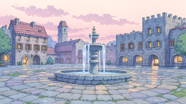 Charming Evening Scene of a Medieval Town Square with Fountain and Stone Architecture: A Serene Escape into a Historical Landscape