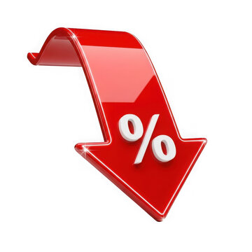 Red percent symbol arrow declining symbolizing sale discounts and price reduction with glossy finish isolated on transparent background