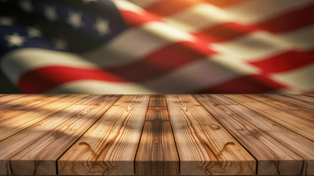 Empty rustic wooden table top with a blurred waving American flag in the background creating a patriotic presentation