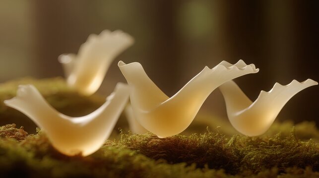 Delicately Carved Light-Colored Soapstone Shapes on a Mossy Surface