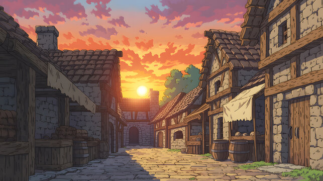 Charming Village at Sunset: A Serene Scene of Historical Architecture and Tranquil Cobblestone Streets Immersed in Warm Evening Light