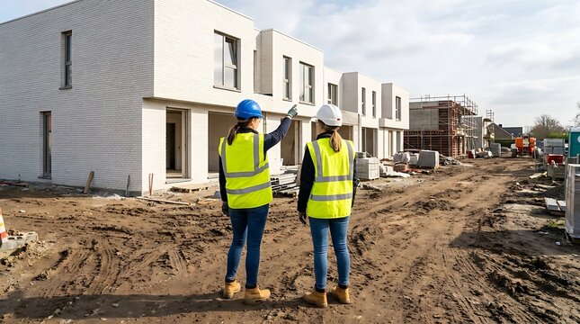Female civil engineers in hard hats and safety vests inspecting a modern residential construction site with white brick townhouses under development