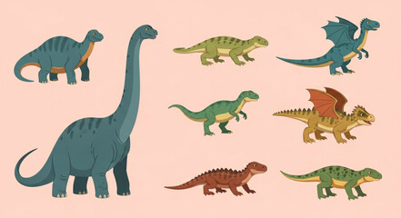 Collection of diverse cartoon dinosaurs in various poses and colors. © Usman