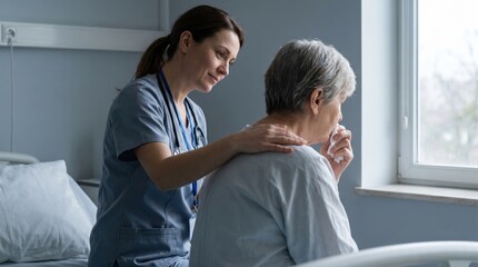 Obraz premium Caring Nurse Comforting Elderly Patient in Hospital Room.