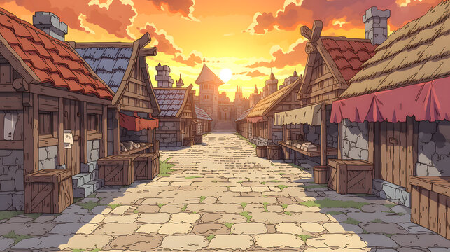 Explore the Enchanting Sunset over a Medieval Market Street, Capturing the Unique Architecture and Vibrant Atmosphere of a Quaint Village Setting