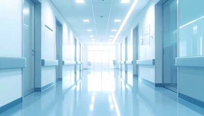 Obraz premium Long, empty hospital corridor with bright lighting
