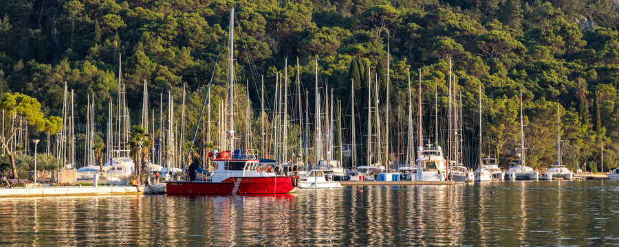 Red fireboat moored in Croatian marina surrounded by sailboat masts, calm water reflections, pine forest hillside. Adriatic harbor scene with nautical atmosphere, summer travel destination europe