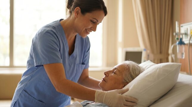 Compassionate nurse providing gentle care to elderly patient in hospital bed.