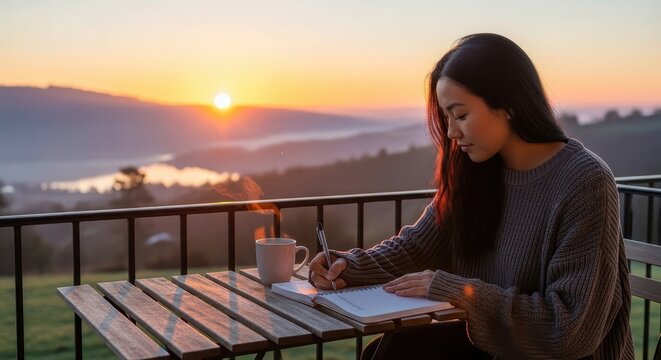 Young woman journaling at sunrise on balcony with gratitude notebook and pen overlooking nature landscape during peaceful morning