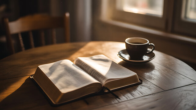Open bible book with coffee cup on wooden table cozy reading and study concept