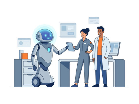 A robot interacting with a female technician and a male scientist in a modern laboratory.