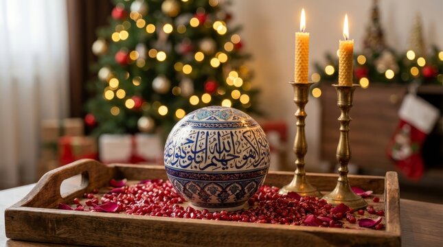 Decorative ceramic bowl with Arabic calligraphy on wooden tray with candles and Christmas tree in background