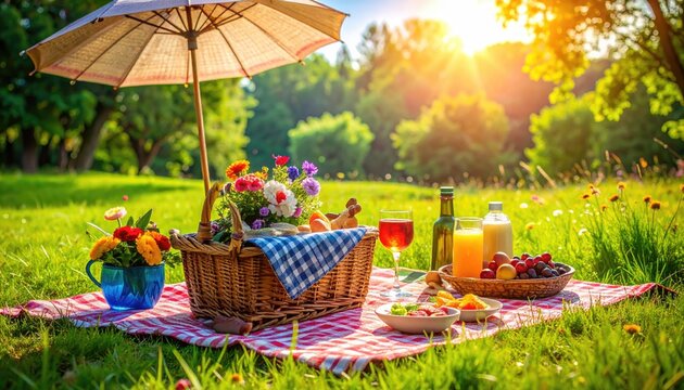 A sunny picnic with food, drinks, and a parasol