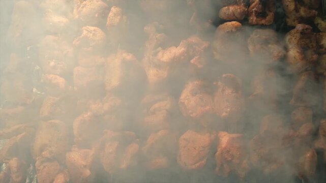 Top view many pieces of kebab cook on hot coals creating smoke and aroma of grilled marinated meat on open barbecue grill. Meat pieces on multiple skewers cook in rows outdoors. Summer family barbecue