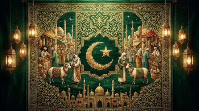 Traditional Islamic Market Scene Tapestry with Crescent Moon and Star in Rich Green and Gold Colors
