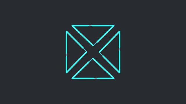 Minimalist Neon Cyan HUD Square Icon Loop. Animated Tech X-Shape Connection Element on Alpha Channel.