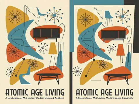 AI generated graphic design mid-century modern 1950s retro atomic age starburst boomerang shapes mustard yellow orange teal geometric furniture silhouettes minimalist vintage Eames era scandinavian co