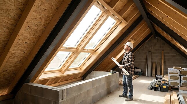 Architect evaluating attic remodeling with natural light coming through roof windows in a residential building site with exposed brick walls