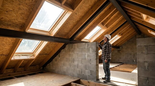 Confident construction worker in flannel shirt holding clipboard while inspecting insulation and structural integrity of a loft conversion project