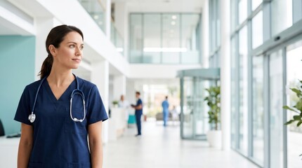 Obraz premium Professional female doctor standing confidently in modern hospital corridor.