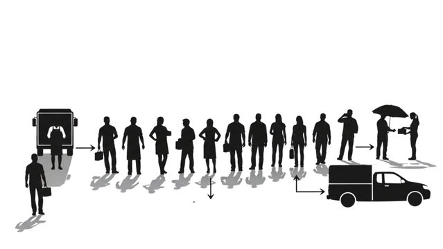 Top-Down Food Delivery System Flow Vector Set with Rear View Silhouette Figures Showing Order, Preparation and Courier Delivery Process in Minimal Flat Style on White Background