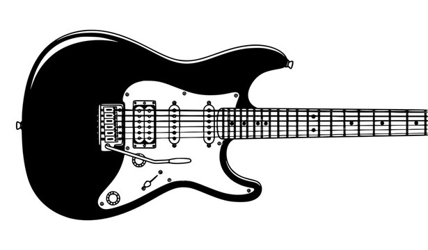 Black electric guitar vector illustration with white pickguard and detailed fretboard isolated on white background