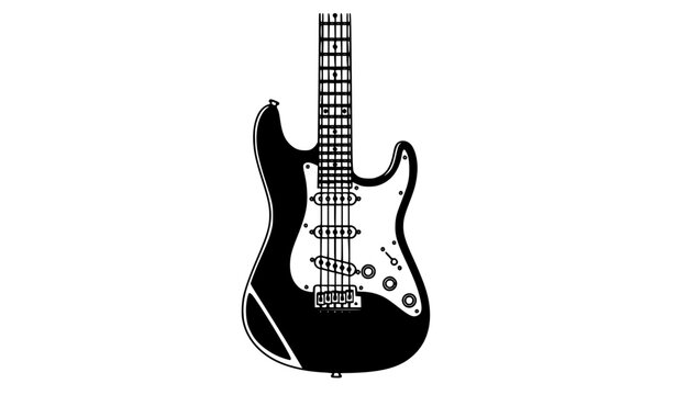 Minimal black electric guitar vector illustration with white pickguard and clean fretboard detail isolated on white background