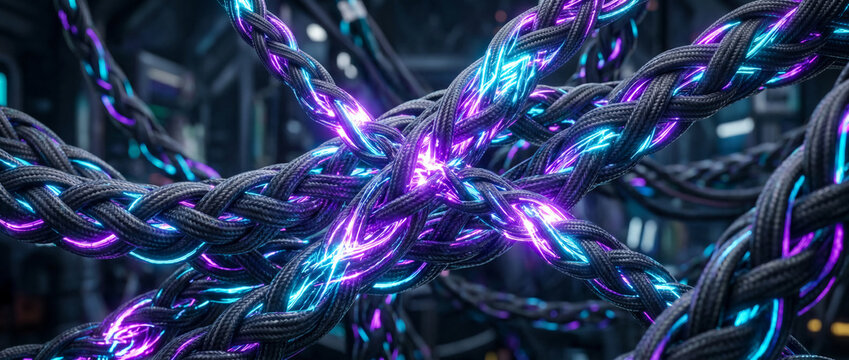 Close-up of braided cables intertwined, illuminated by vibrant neon blue and purple light, evoking a sense of complex network infrastructure or futuristic technology in a dimly lit environment