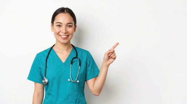 Smiling Asian female doctor or nurse pointing finger right, showing advertisement, standing over white background.