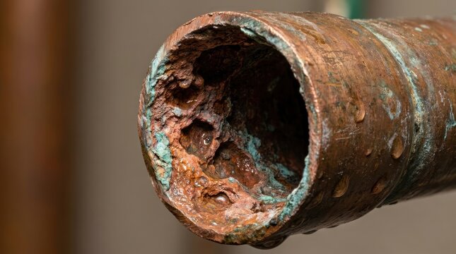 Close up view of a copper pipe with internal corrosion