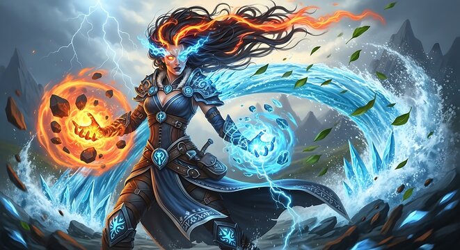 Elemental Mage Unleashes Powerful Magic in Dynamic Fantasy Artwork.
