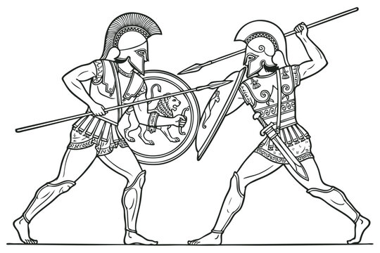 Vintage vector engraving of two ancient Greek warriors in combat, wearing helmets and carrying shields and spears in a classical battle scene.