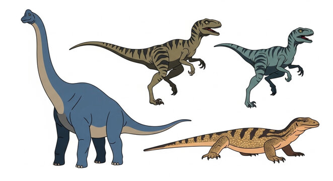 Collection of prehistoric dinosaurs and ancient reptiles illustration.