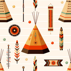 Vector seamless pattern (tiling) with American Indian tribal ornament and teepee. Endless texture can be used for pattern fills, t-shirt print, web page background, fabric design, scrapbooking paper © frenta