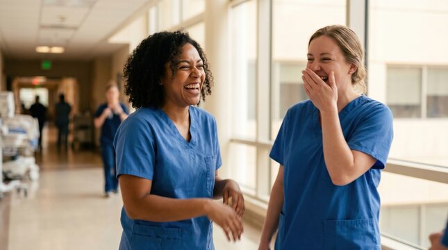 Two diverse female nurses laughing together in a brightly lit hospital corridor during their shift break.