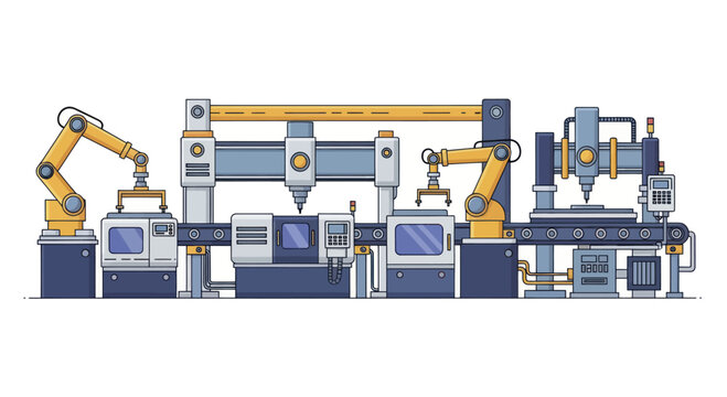 Automated Industrial Manufacturing Production Line with Robotic Arms.
