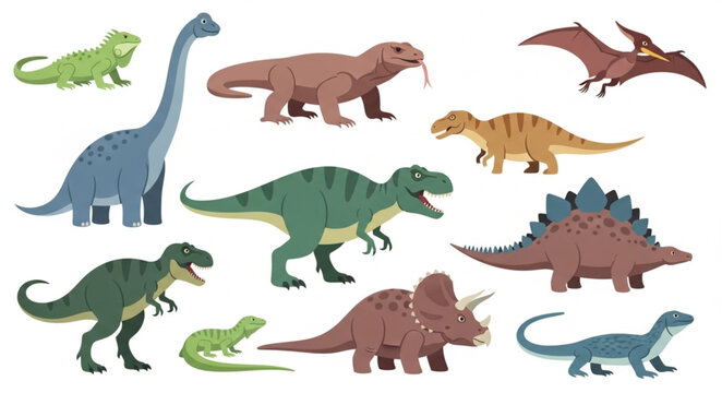 Collection of Diverse Prehistoric Dinosaurs and Reptiles Illustration.