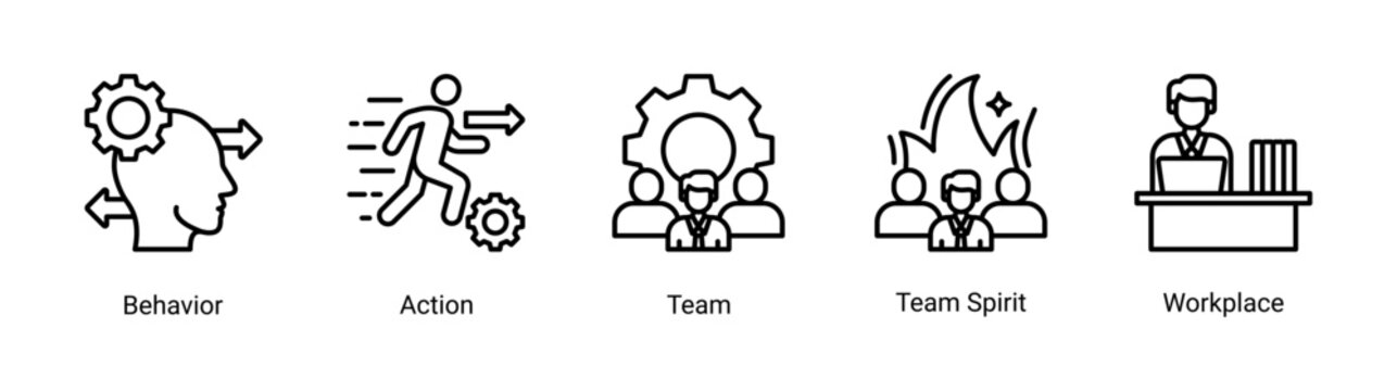Kaizen team and behavior icon set representing team collaboration,behavior,and workplace culture in kaizen methodology.Ideal for HR,teamwork,and organizational development projects.