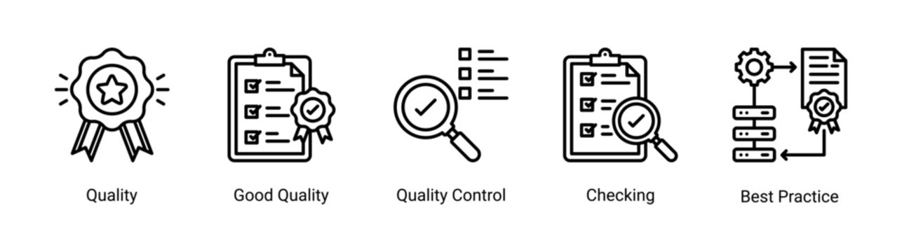 Kaizen quality icon set featuring quality control,inspection,and best practice concepts.Icon set focused on quality assurance,checking,and standardization processes for business and industrial use.