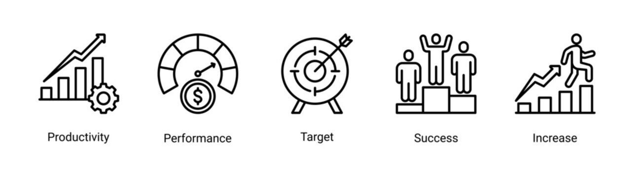 Kaizen productivity icon set featuring performance,target achievement,and growth concepts.Designed for business performance tracking,productivity improvement,and goal achievement visualization.