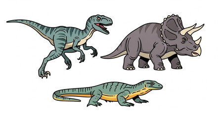 Three prehistoric reptiles including a velociraptor triceratops and monitor lizard. © wahono