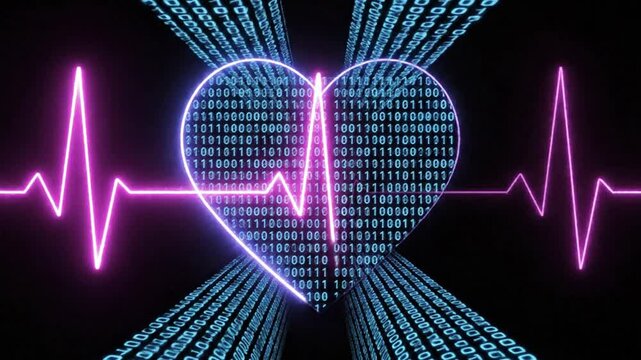 Digital Heart Monitor Pulse with Binary Code Heart Animation