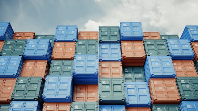 Stacked Shipping Containers Against Sky Loop Background, Global Logistics and Cargo Transport Concept