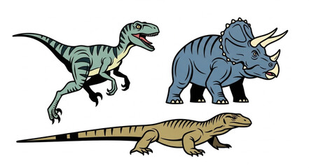 Three prehistoric reptiles including a velociraptor and triceratops. © wahono