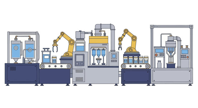 Automated production line with robotic arms and machinery.