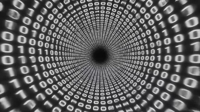 Slow Falling Binary Code Snow Effect, Soft Digital Rain Animation, White Data Particles on Black Background, Calm Tech 4K Loop