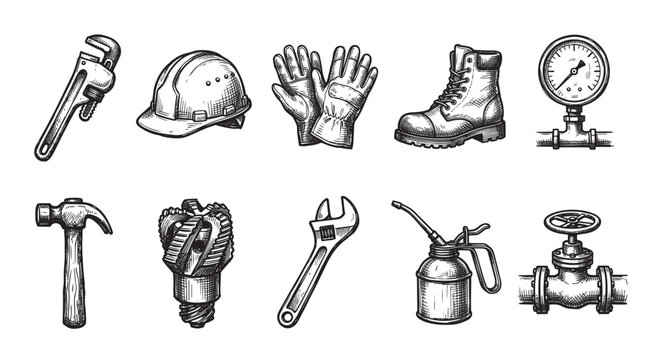 A hand-drawn collection of essential construction tools and safety equipment, including a pipe wrench, hard hat, gloves, boot, and pressure gauge.