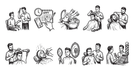 Fototapeta premium A series of charming hand-drawn illustrations depicting various barber shop services, from consultations and appointments to haircuts, shaves, and payments, conveying a vintage aesthetic.