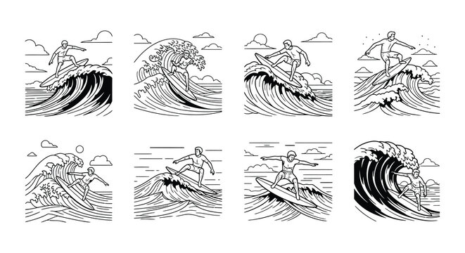 Vintage style illustrations of surfers riding ocean waves in black and white