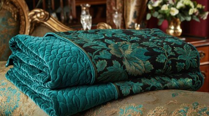 Fototapeta premium Artfully Arranged Teal Embossed Velvet Blanket with Intricate Floral Pattern